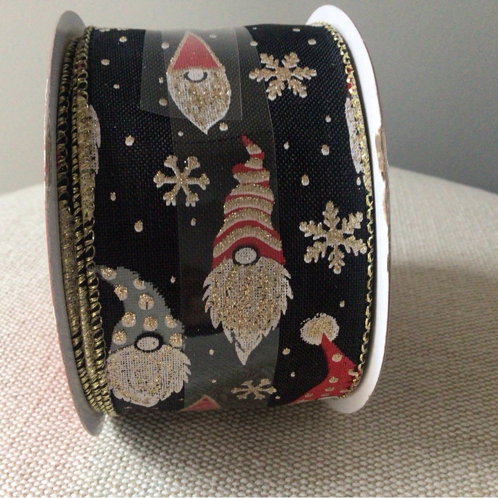 1 Roll Christmas Gnomes Wired Ribbon